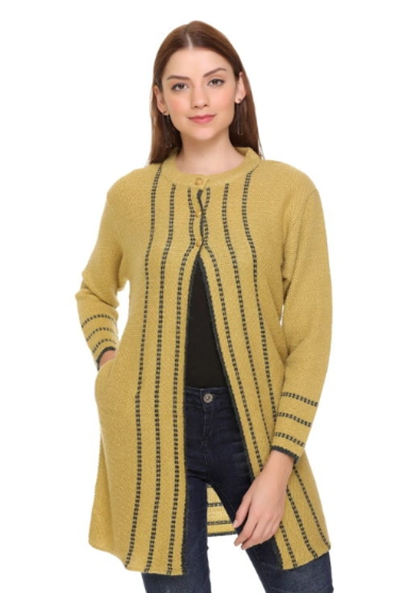 CLAPTON Women Round Neck  Yellow Full Sleeve  With Pocket Wool Cardigan (Outer Long) - XL, Yellow, Wool, Pack of1